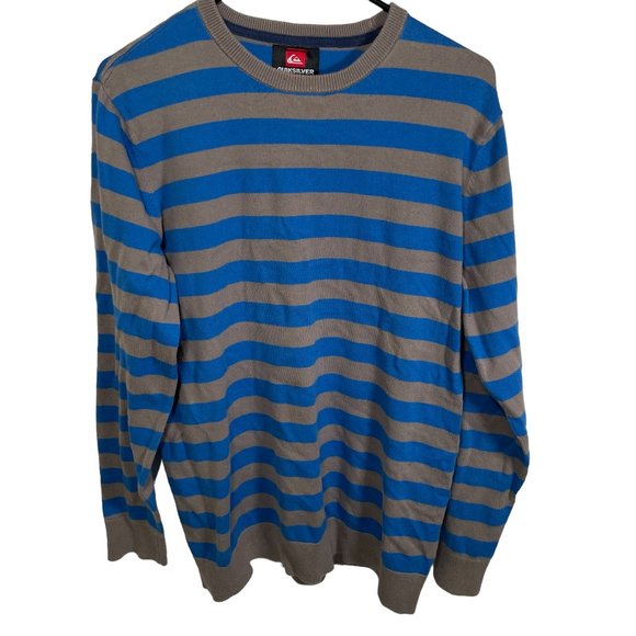 Quiksilver Striped Sweater Mens Medium Blue Gray Knit Pullover Crew Neck - Picture 1 of 6